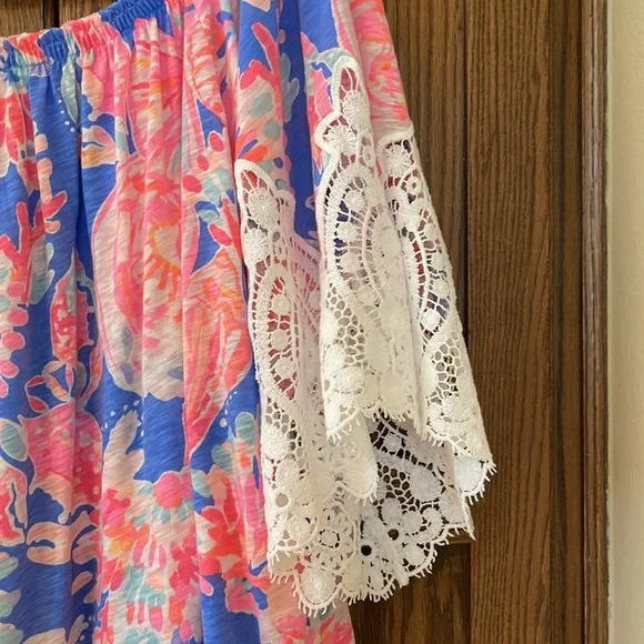 Lilly Pulitzer Zaylee Off Shoulder Blouse Top Lace Sleeve Elastic Neck Medium - Picture 7 of 10